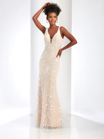 Clarisse - 4905 Plunging Floral Appliqued Evening Gown