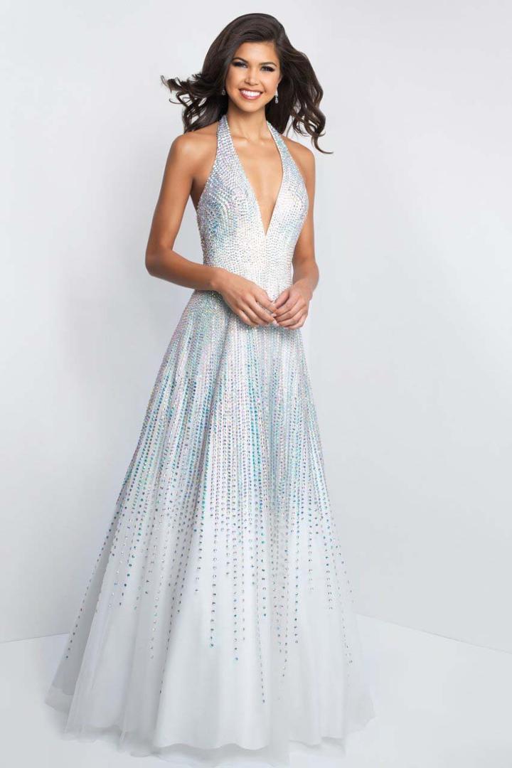 Blush - C1074 Glittering Plunging V-neck Beaded A-line Dress