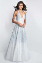 Blush - C1074 Glittering Plunging V-neck Beaded A-line Dress
