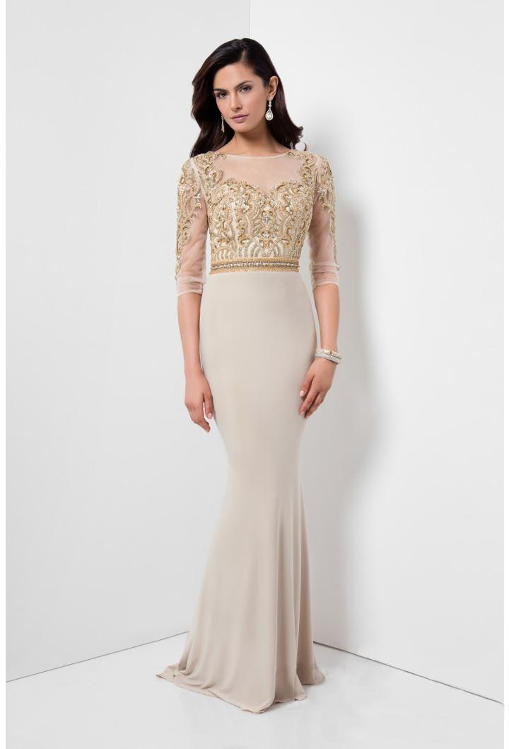 Terani Couture - Beaded Three-quarter Sleeve Illusion Dress 1711m3403