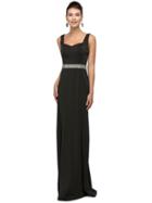 Refined Bejeweled Wide V-neck Column Satin Dress