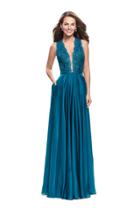 La Femme - 25487 Plunging Scalloped Lace Chiffon Dress