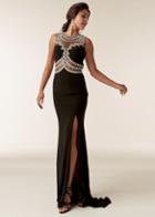 Jasz Couture - 6288 Jewel Neck Stone Embellished Gown With Slit