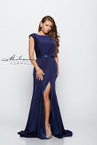 Milano Formals - Bateau Neck Capped Sleeves Fit And Flare Side Slit Long Dress E2136