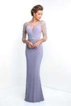 Blush - S2030 Sheer Quarter-length Sleeves Beaded Sheath Gown