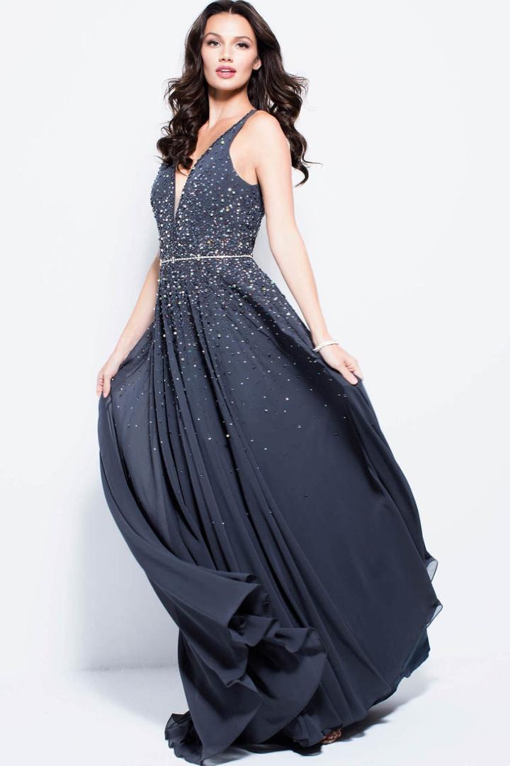 Jovani - 55560 Plunging V-neck Jeweled Chiffon Gown