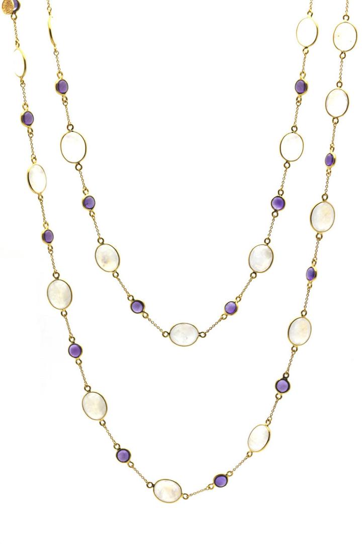 Tresor Collection - Rainbow Moonstone & Amethyst Long Necklace In 18k Yellow Gold