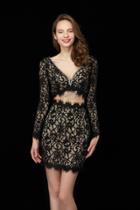 Angela And Alison - 72036 Bedazzled Long Sleeve Lace Sheath Dress