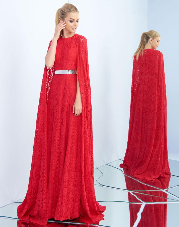 Ieena For Mac Duggal - 25740i Lace Cape Belted Dress