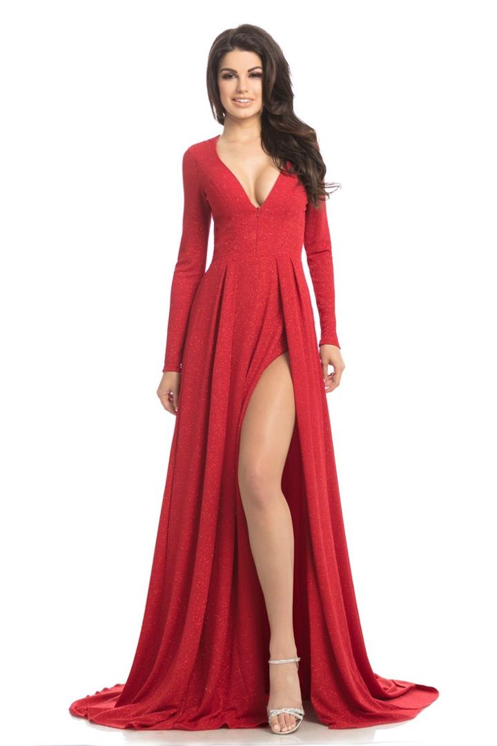 Johnathan Kayne - 8208 Deep V-neck Glitter Knit A-line Gown