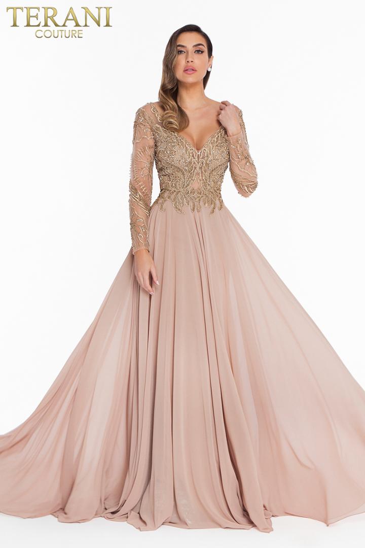 Terani Couture - 1821m7563 Beaded Long Sleeve Chiffon A-line Gown