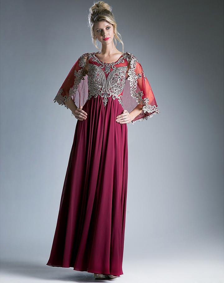 Cinderella Divine - Cape Sleeves Beaded A-line Dress
