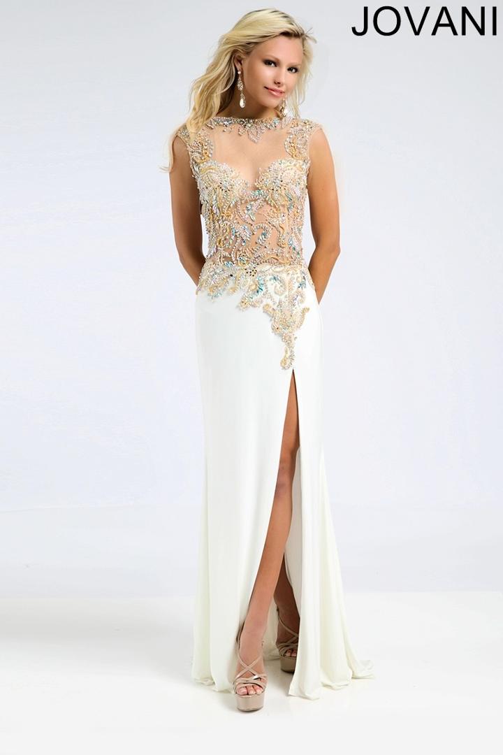 Jovani - 98068 Cap Sleeve Illusion Jewel Cutout Sheath Gown