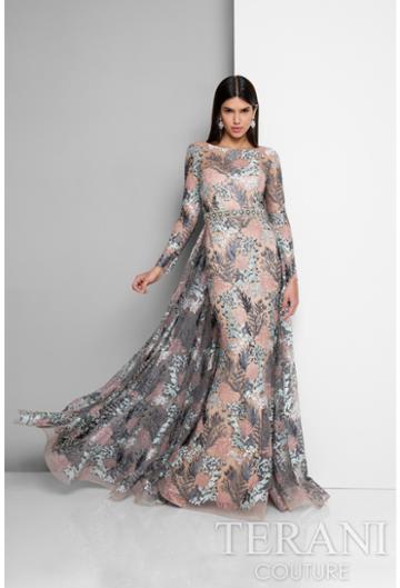 Terani Evening - Long-sleeve Ilusion Open Back Gown 1712e3272