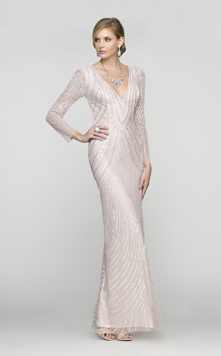 Scala - 48312 V-neck Beaded Stripes Evening Dress