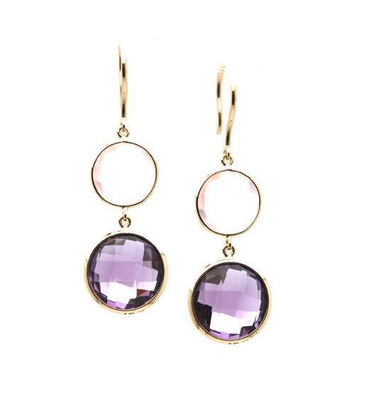 Tresor Collection - Rose Quartz & Amethyst Simple Two Dangle Earrings In 18k Yellow Gold