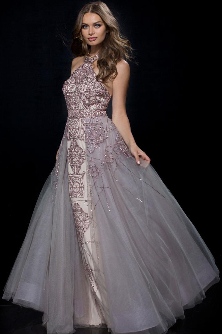 Jovani - 50822 High Halter Vintage Beaded Overskirt Gown