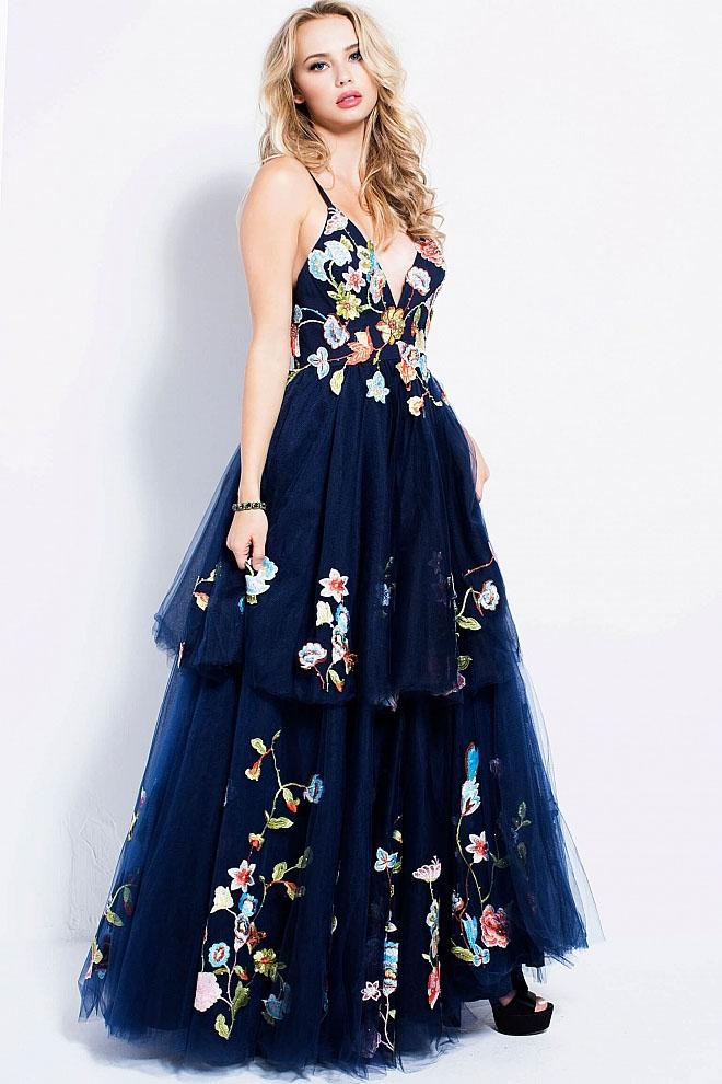 Jovani - 54963 Deep V Neck Floral Embroidered Tulle Prom Dress