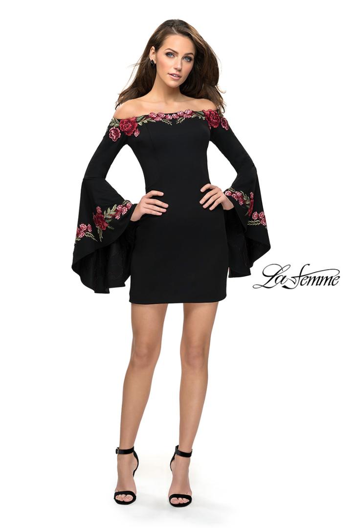 La Femme - 26674 Floral Applique Off-shoulder Mini Dress