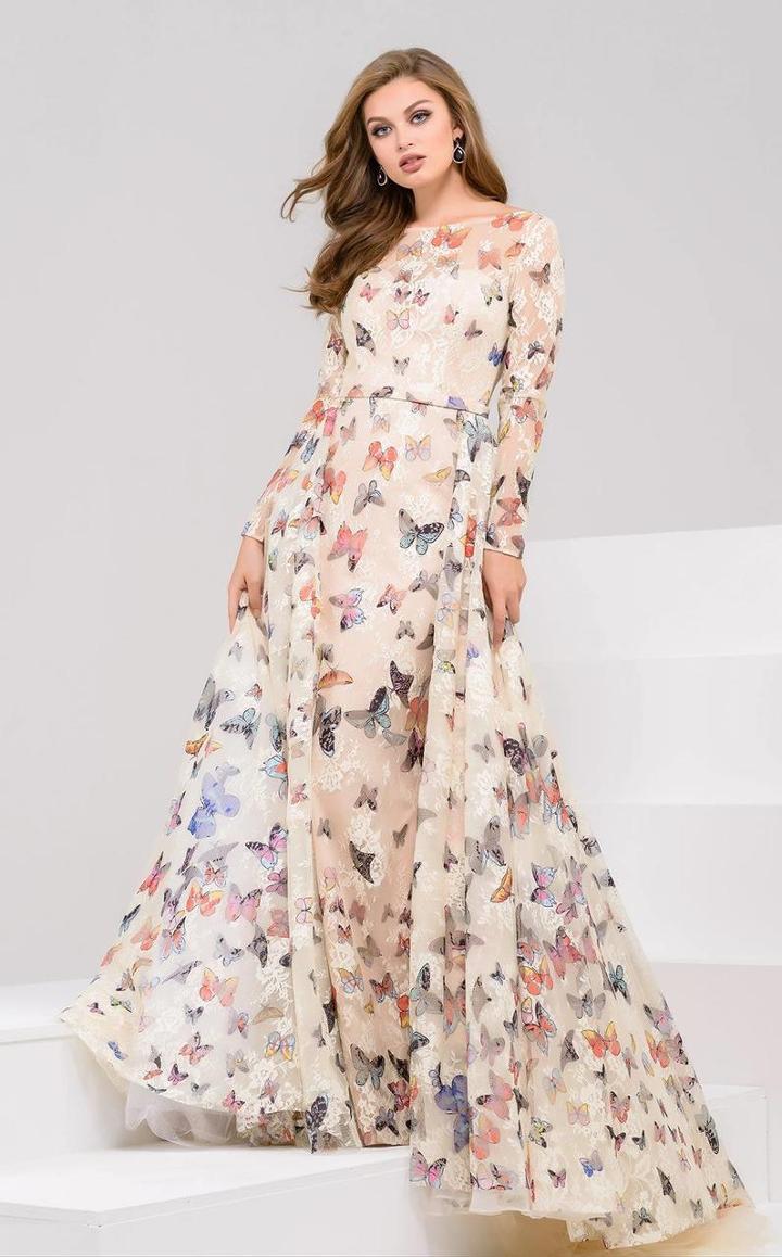 Jovani - 49745 Long-sleeved Sheer Butterfly Evening Gown