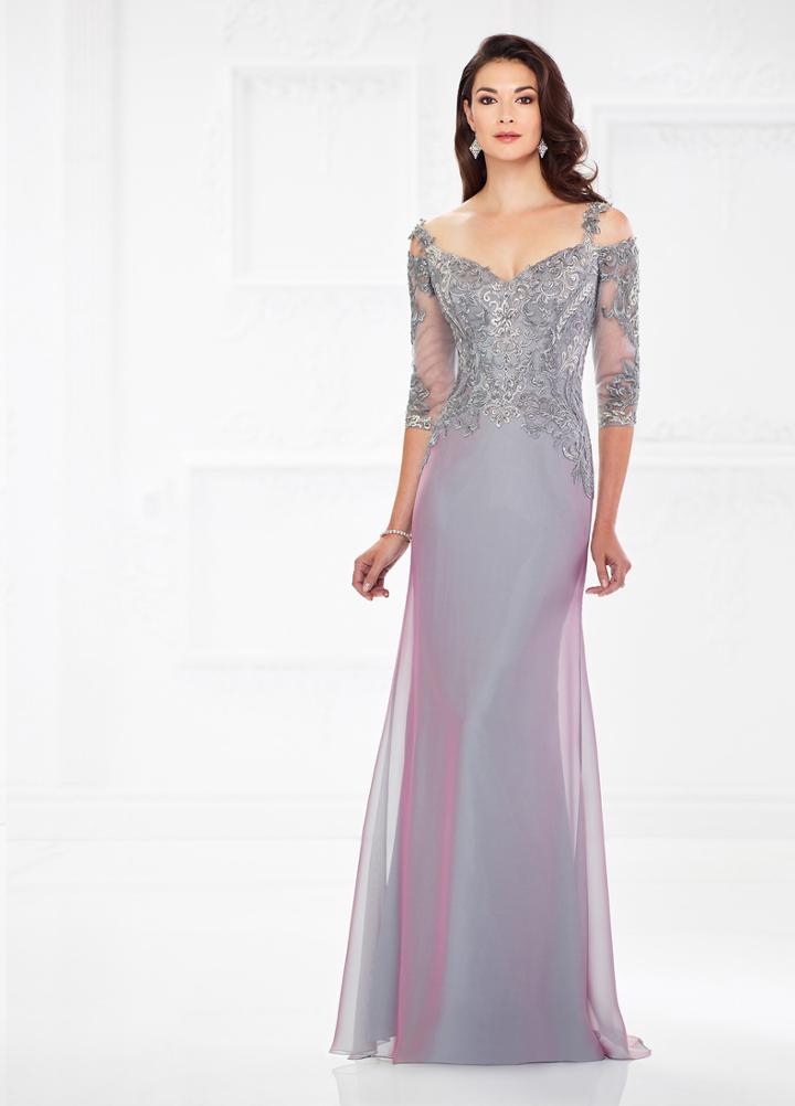 Montage By Mon Cheri - 118974 Metallic Lace Bodice Chiffon Gown