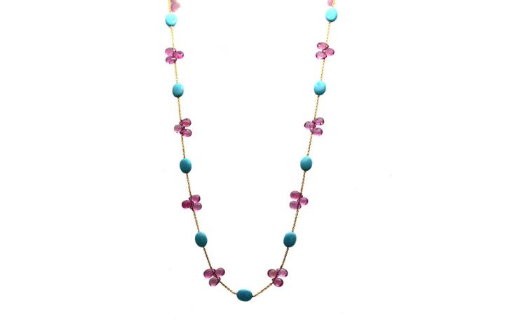 Tresor Collection - 18kt Yellow Gold Necklace With Turquoise Baroque & Pink Tourmaline