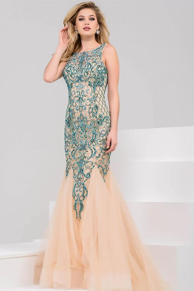 Jovani - 36523 Embellished Illusion Bateau Trumpet Dress