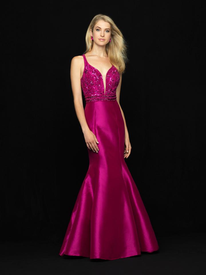 Madison James - 18-736 Embellished Deep V-neck Mikado Mermaid Dress