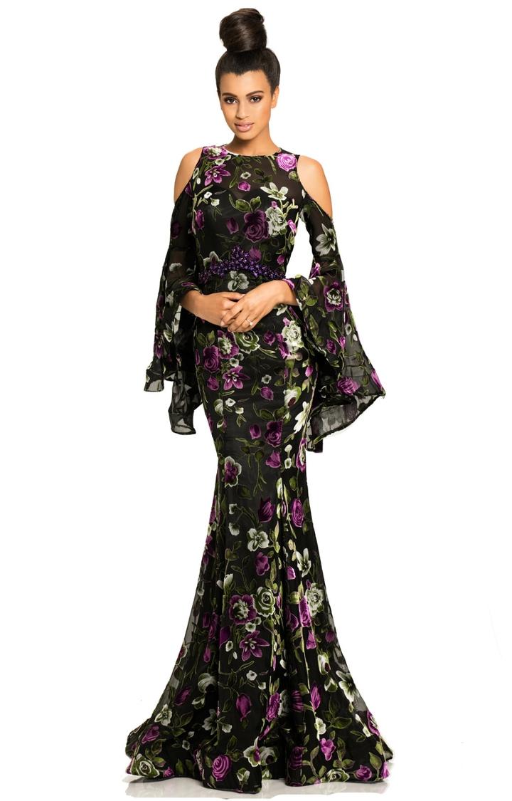 Johnathan Kayne - 8023 Floral Print Chiffon/velvet Trumpet Dress