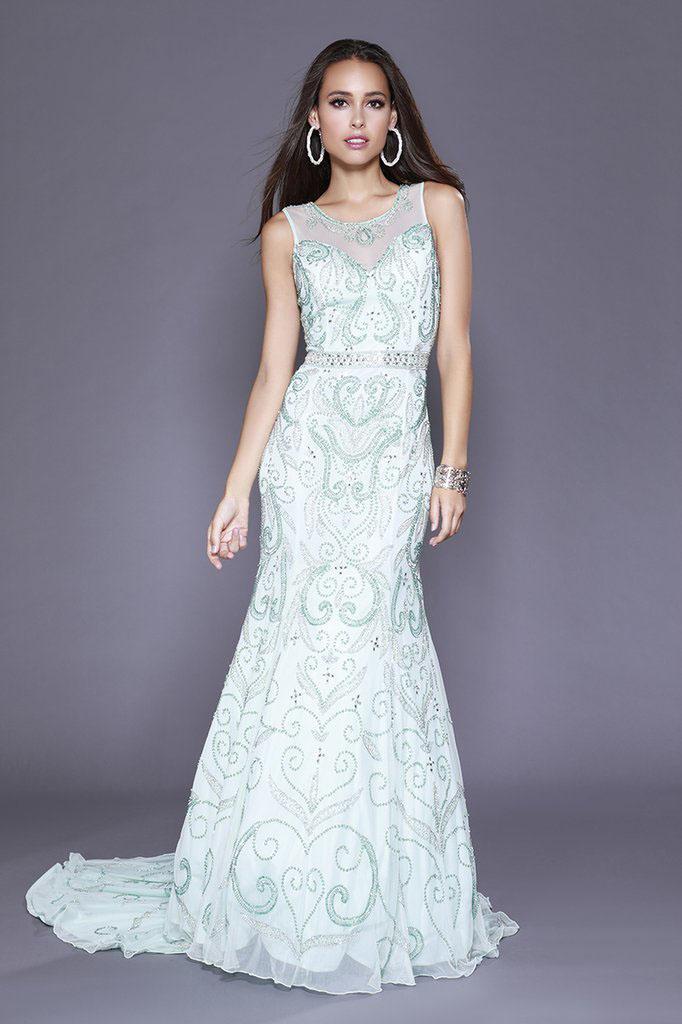 Shail K - 12135 Embellished Illusion Jewel Trumpet Dress