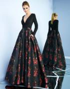 Ieena Duggal - 62878i Long-sleeved Floral Pleated Long Dress