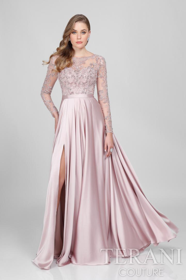Terani Evening - Long-sleeve Beaded Long Gown With Side Slit 1712m3428.