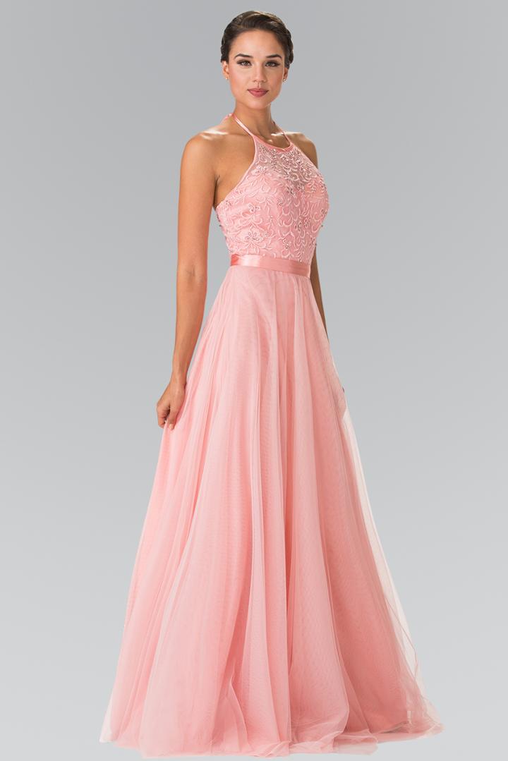 Elizabeth K - Embroidered Illusion Halter Gown Gl1475