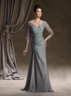Ivonne D By Mon Cheri - Ruched V Neck Quarter Length Sleeves Dress