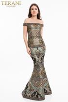 Terani Couture - 1821e7164 Off Shoulder Printed Jacquard Mermaid Gown