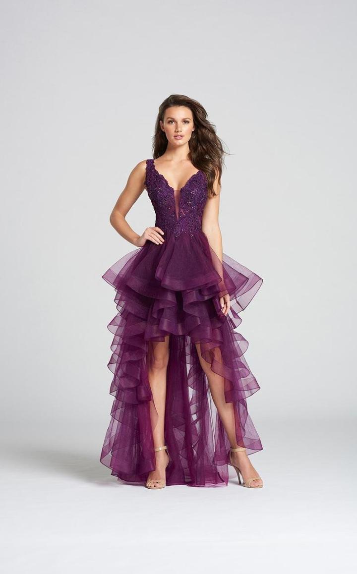 Ellie Wilde - Ew118035 Plunging V-neck Appliqued High Low Gown