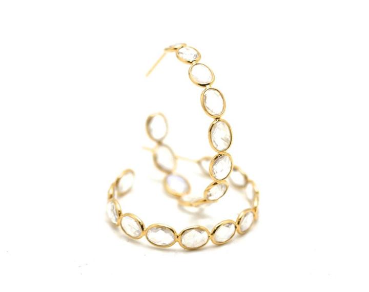 Tresor Collection - Rainbow Moonstone Oval Hoop Earrings In 18k Yellow Gold