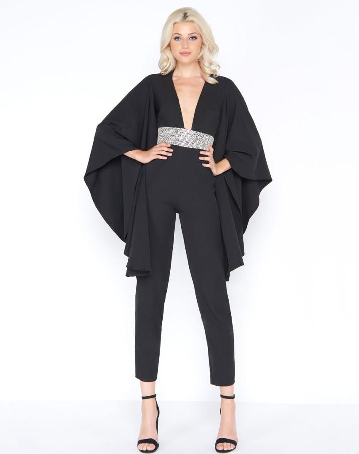 Cassandra Stone - 55204a Embellished Deep V-neck Jumpsuit