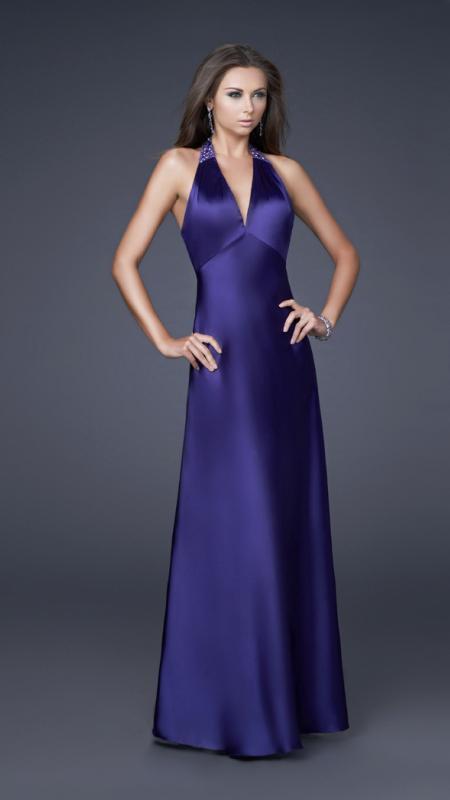 La Femme - Sleek Beaded V-neck Satin A-line Gown 15801
