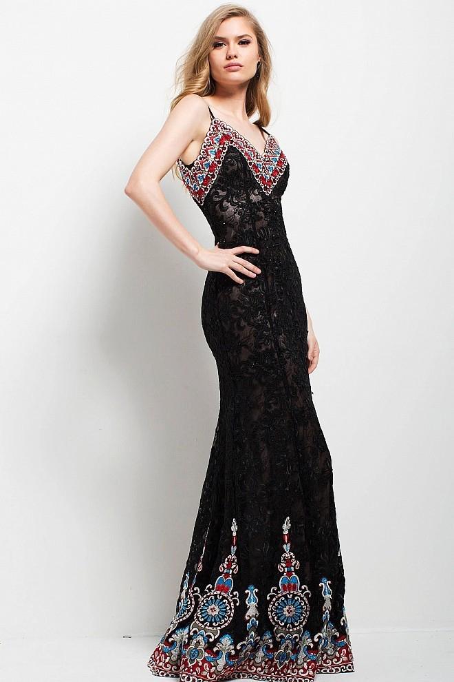 Jovani - 53104 Spaghetti Straps Multicolored Lace Dress