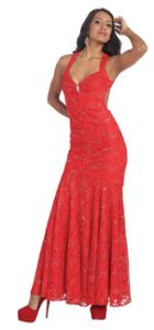 May Queen - Alluring Floor Length Laced And Jeweled Halter Strap Neck Dress Mq1164