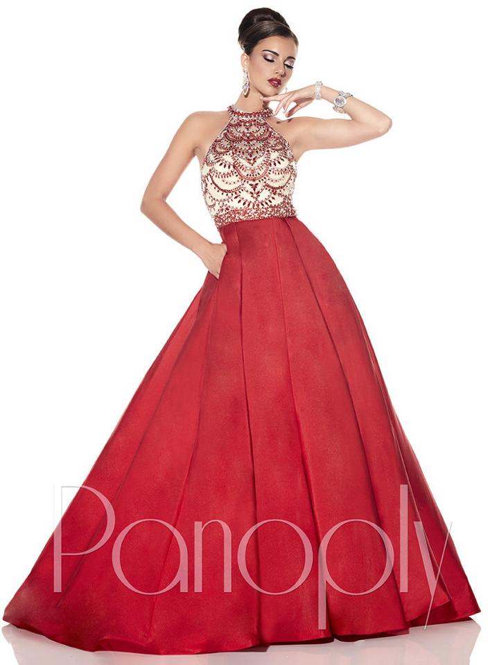Panoply - Rhinestone-accented Halter Neck Taffeta A-line Gown 44303