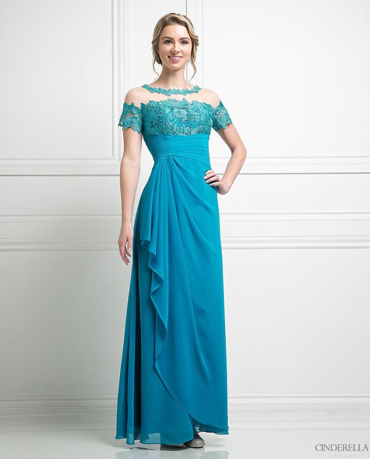 Cinderella Divine - Lace Illusion Bateau Pleated Sheath Dress