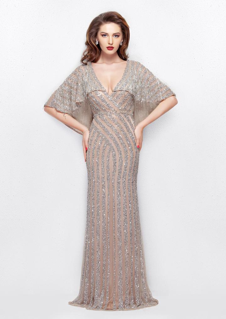 Primavera Couture - 1987 Bedazzled Deep V-neck Sheath Dress