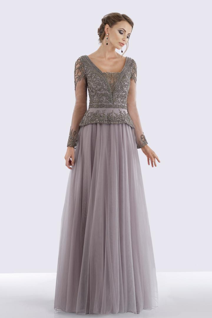 Feriani Couture - 26255 Sheer Long Sleeve Beaded V-neck A-line Dress