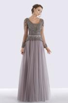 Feriani Couture - 26255 Sheer Long Sleeve Beaded V-neck A-line Dress