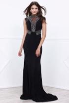 Nox Anabel - Bedazzled Jewel Illusion Long Black Dress With Embellished Panel Details 8285