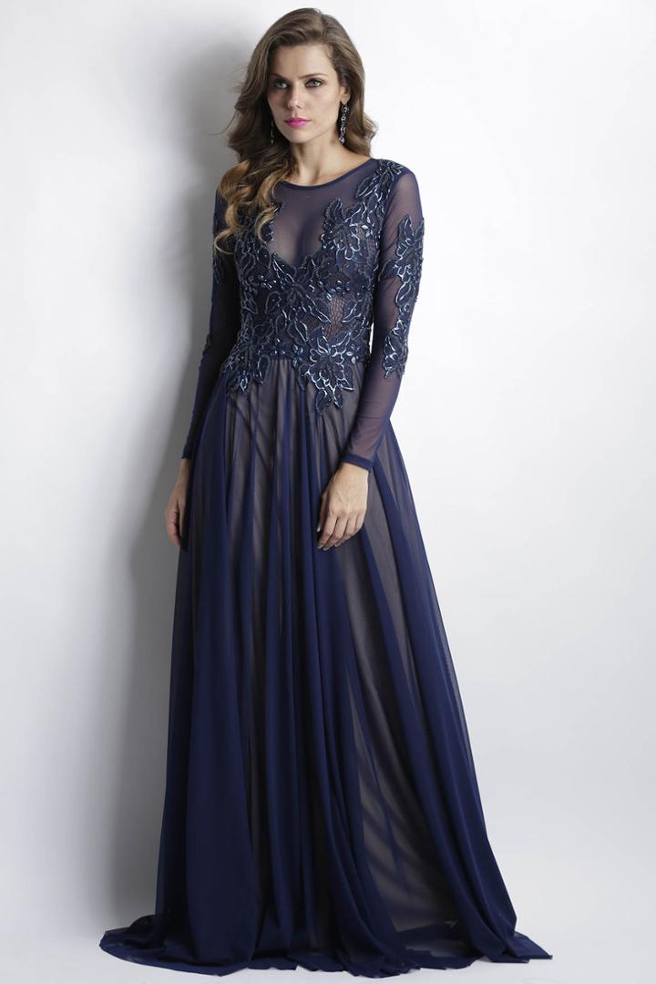 Baccio Couture - Roselyn Painted Caviar Navy Blue Long Dress
