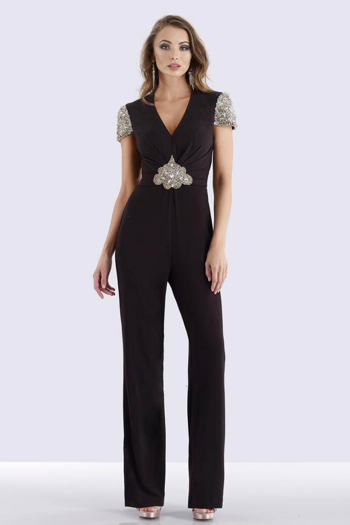 Feriani Couture - 26253 Jeweled V-neck Ruched Jumpsuit