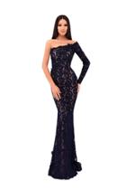 Tarik Ediz - 50234 Single Sleeve Lace Asymmetric Sheath Dress